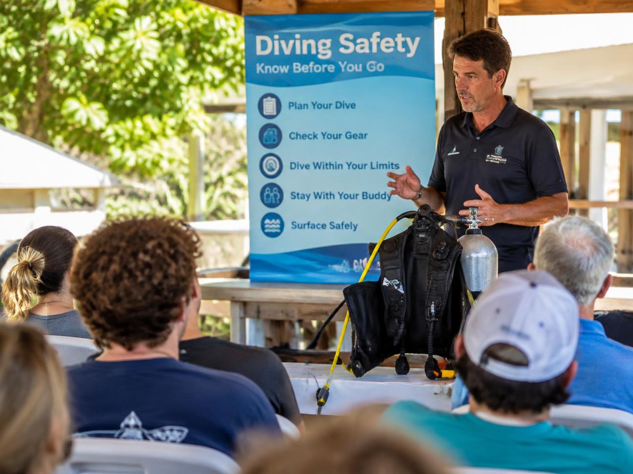 A diving instructor presents safety information to an audience